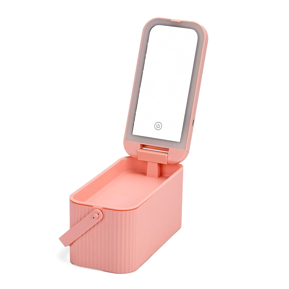 "Foldable LED cosmetic mirror - pink Product size -22*11*12 cm (foldable) Weight- 450g Material- ABS- glass Working mode- LED lighting (25 lights) Battery- 800mAh Type-C-USD charging cable"