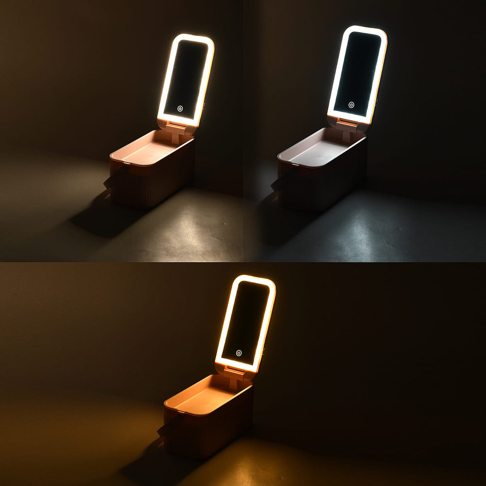 "Foldable LED cosmetic mirror - pink Product size -22*11*12 cm (foldable) Weight- 450g Material- ABS- glass Working mode- LED lighting (25 lights) Battery- 800mAh Type-C-USD charging cable"