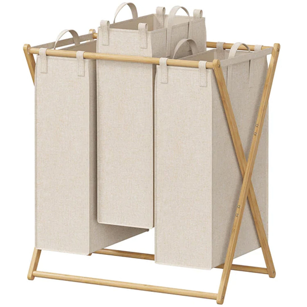 Foldable Laundry Basket 3 Section, Large Bamboo X-Frame Laundry Basket Sorter Gray (150L)