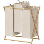 Foldable Laundry Basket 3 Section, Large Bamboo X-Frame Laundry Basket Sorter Gray (150L)