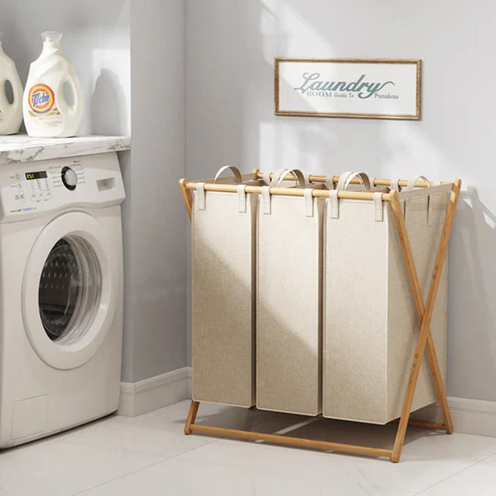 Foldable Laundry Basket 3 Section, Large Bamboo X-Frame Laundry Basket Sorter Gray (150L)