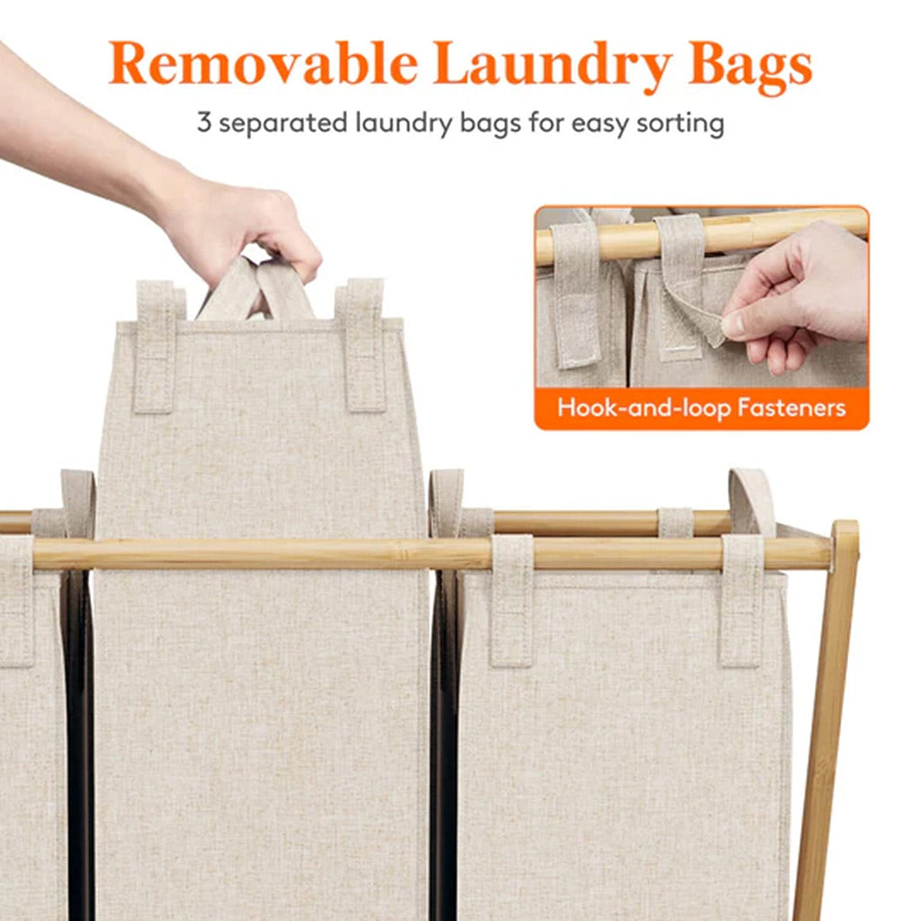 Foldable Laundry Basket 3 Section, Large Bamboo X-Frame Laundry Basket Sorter Gray (150L)