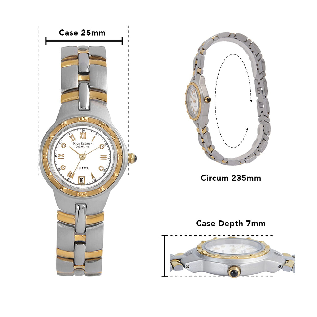 Krug Baumen Regatta 3ATM WR 4 Diamond White Dial Ladies Watch with Silver - Gold Colour Strap