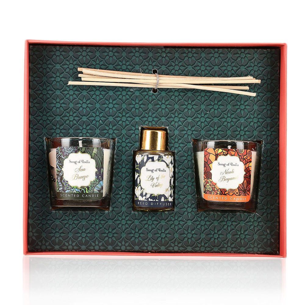 Song of India - Fragrance Gift Set - Reed Diffuser, soothing candles and a personalized message card