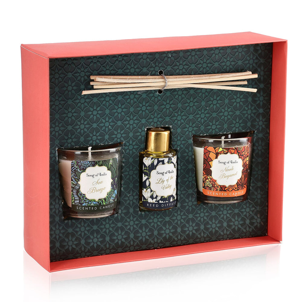 Song of India - Fragrance Gift Set - Reed Diffuser, soothing candles and a personalized message card