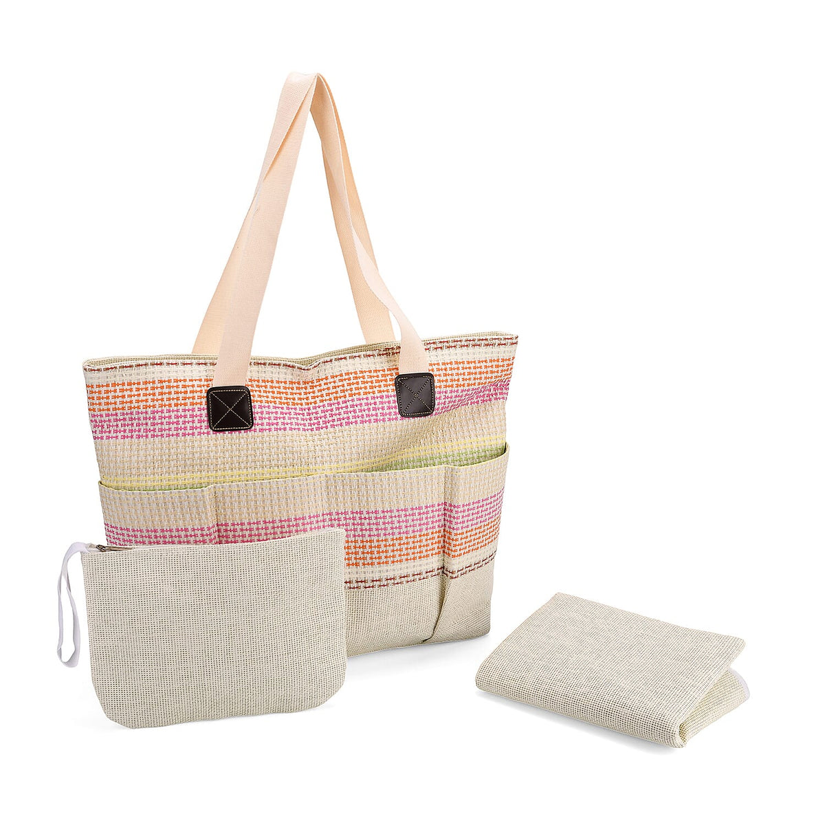 Set of 3- Fringe Color Striped Tote Bag