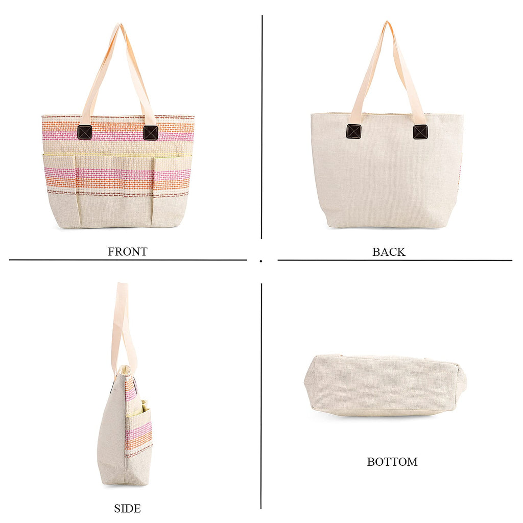Set of 3- Fringe Color Striped Tote Bag, Pouch - Picnic Mat