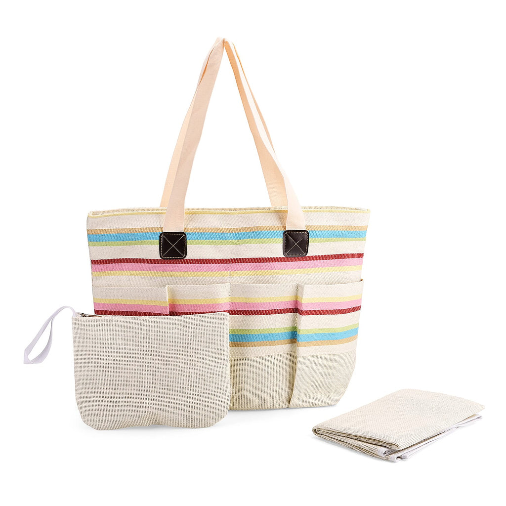Set of 3- Fringe Color Striped Tote Bag, Pouch & Picnic Mat - Multicolor