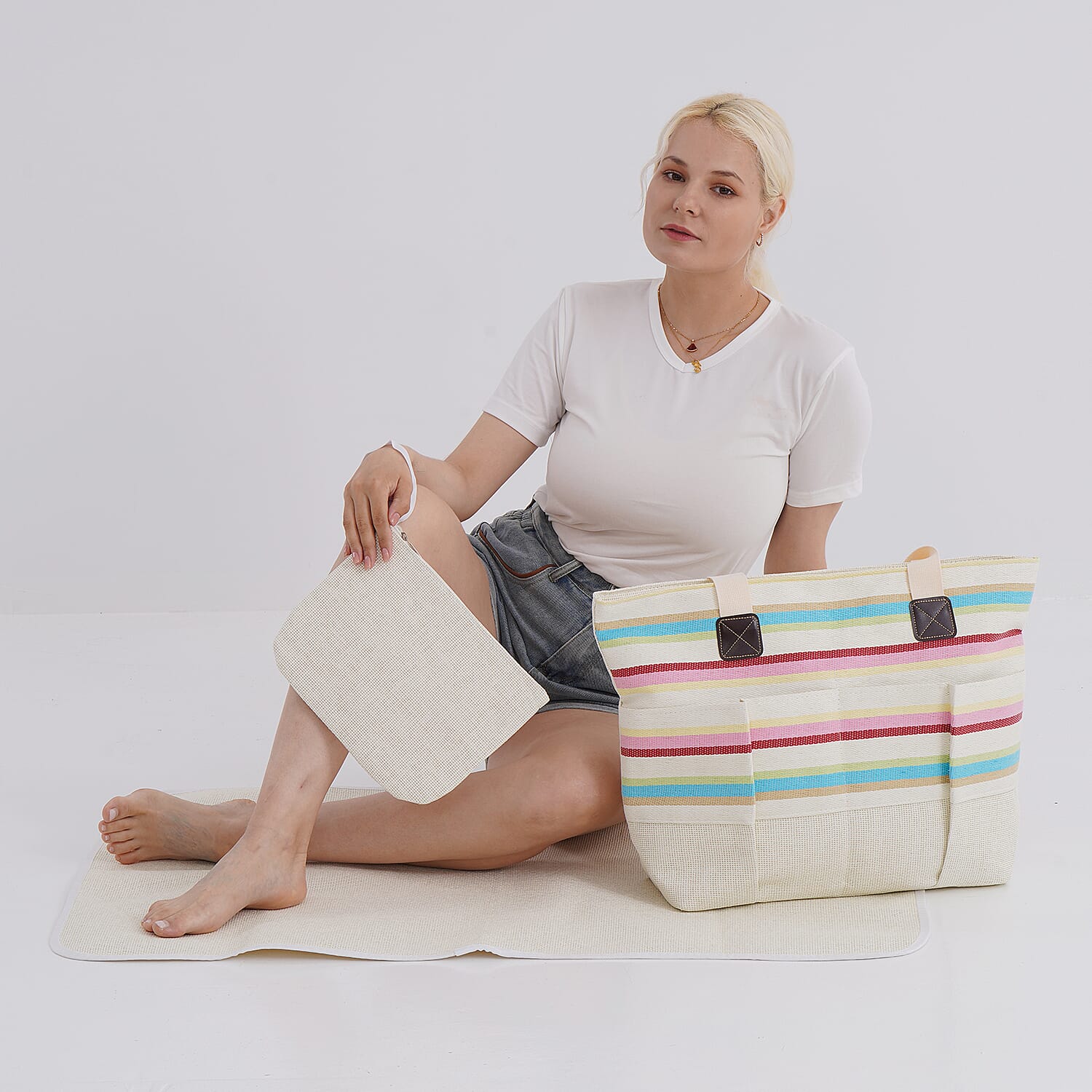 Set of 3- Fringe Color Striped Tote Bag, Pouch & Picnic Mat - Multicolor