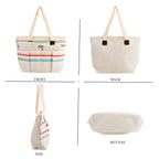 Set of 3- Fringe Color Striped Tote Bag, Pouch & Picnic Mat - Multicolor