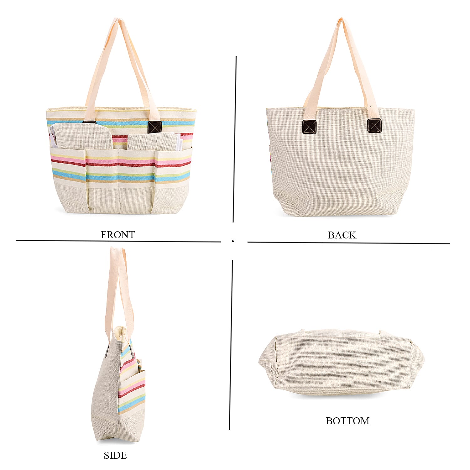 Set of 3- Fringe Color Striped Tote Bag, Pouch & Picnic Mat - Multicolor