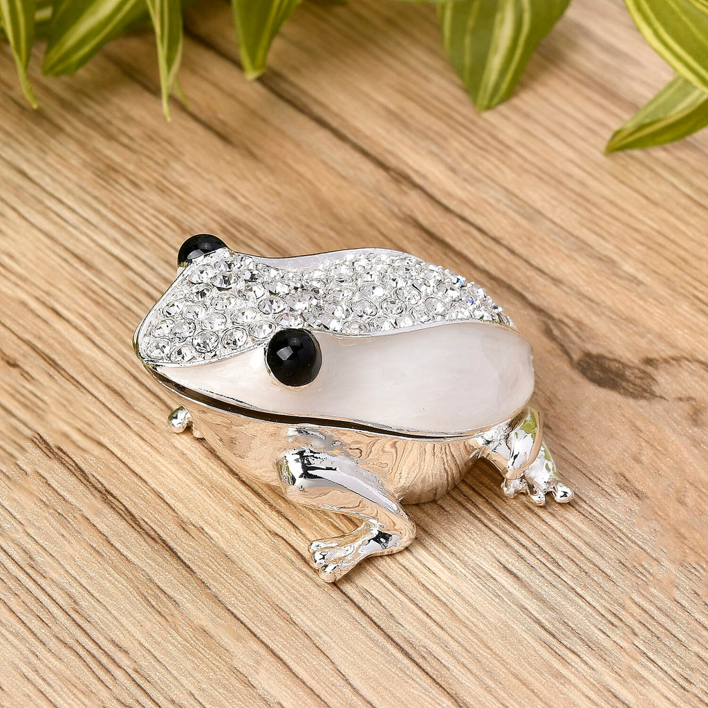 Bowknot Rhinestone Bejewelled Frog Trinket Box (Size 7x6x4 cm) - White