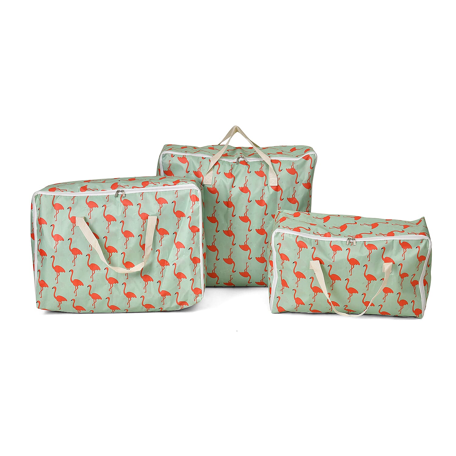Set of 3 Flamingo Pattern Storage Bags - Green