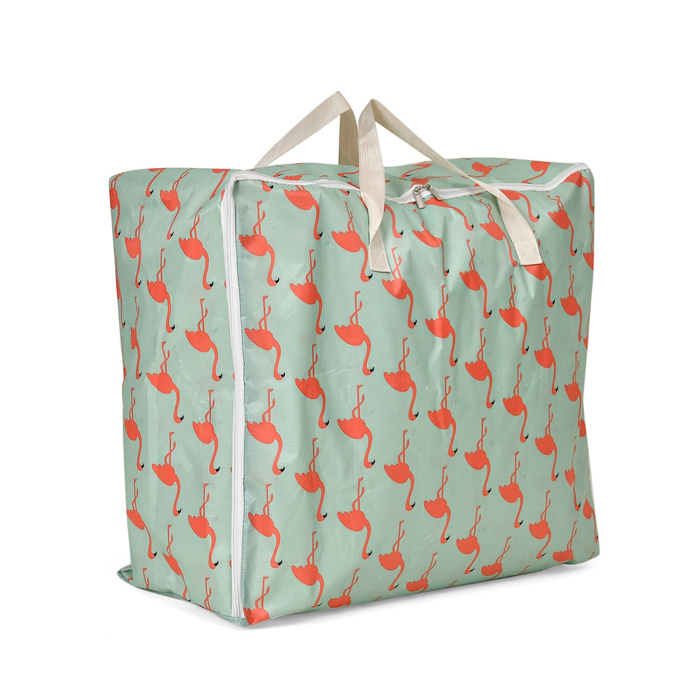 Set of 3 Flamingo Pattern Storage Bags - Green