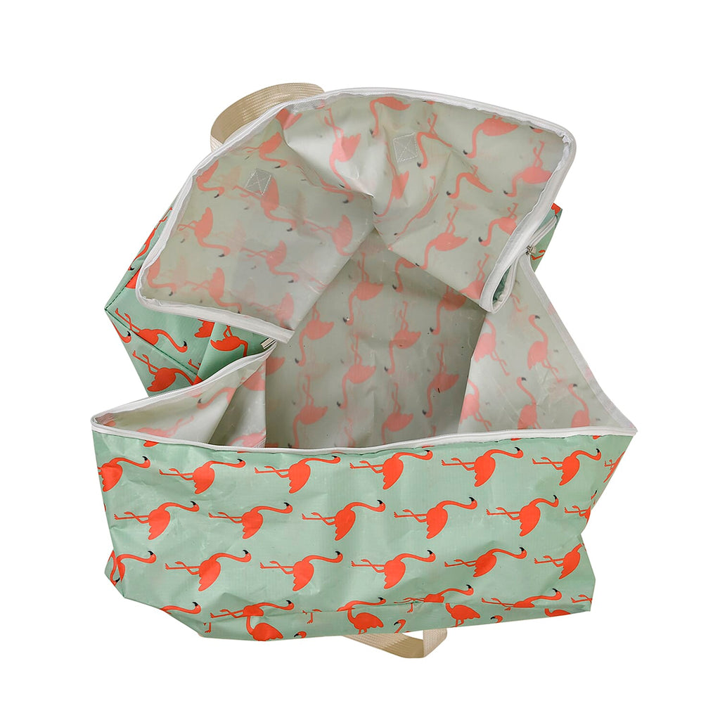 Set of 3 Flamingo Pattern Storage Bags - Green
