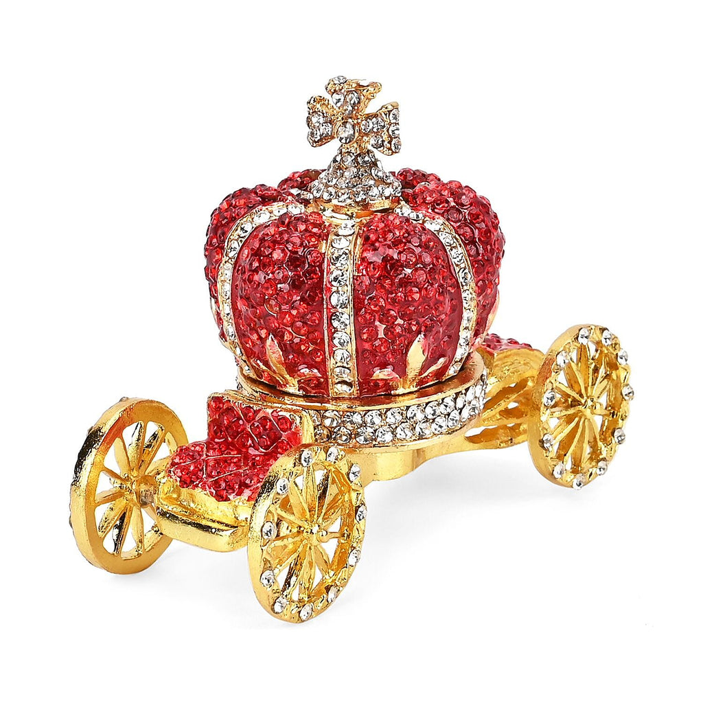 Pumpkin Cart Hand Painted Trinket Storage Box Enamelled With Sparkling Crystals - Red - Gold