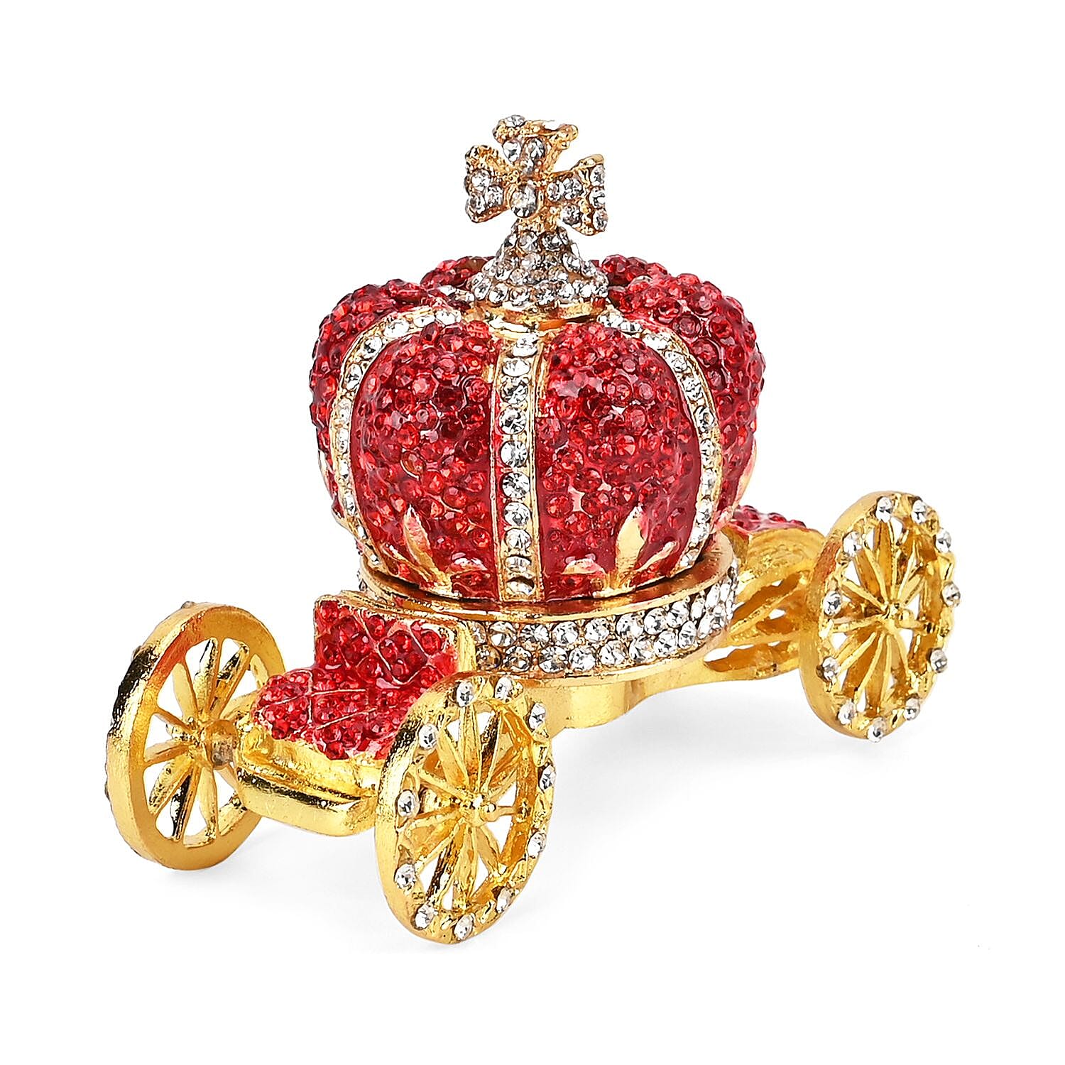 Pumpkin Cart Hand Painted Trinket Storage Box Enamelled With Sparkling Crystals - Red - Gold