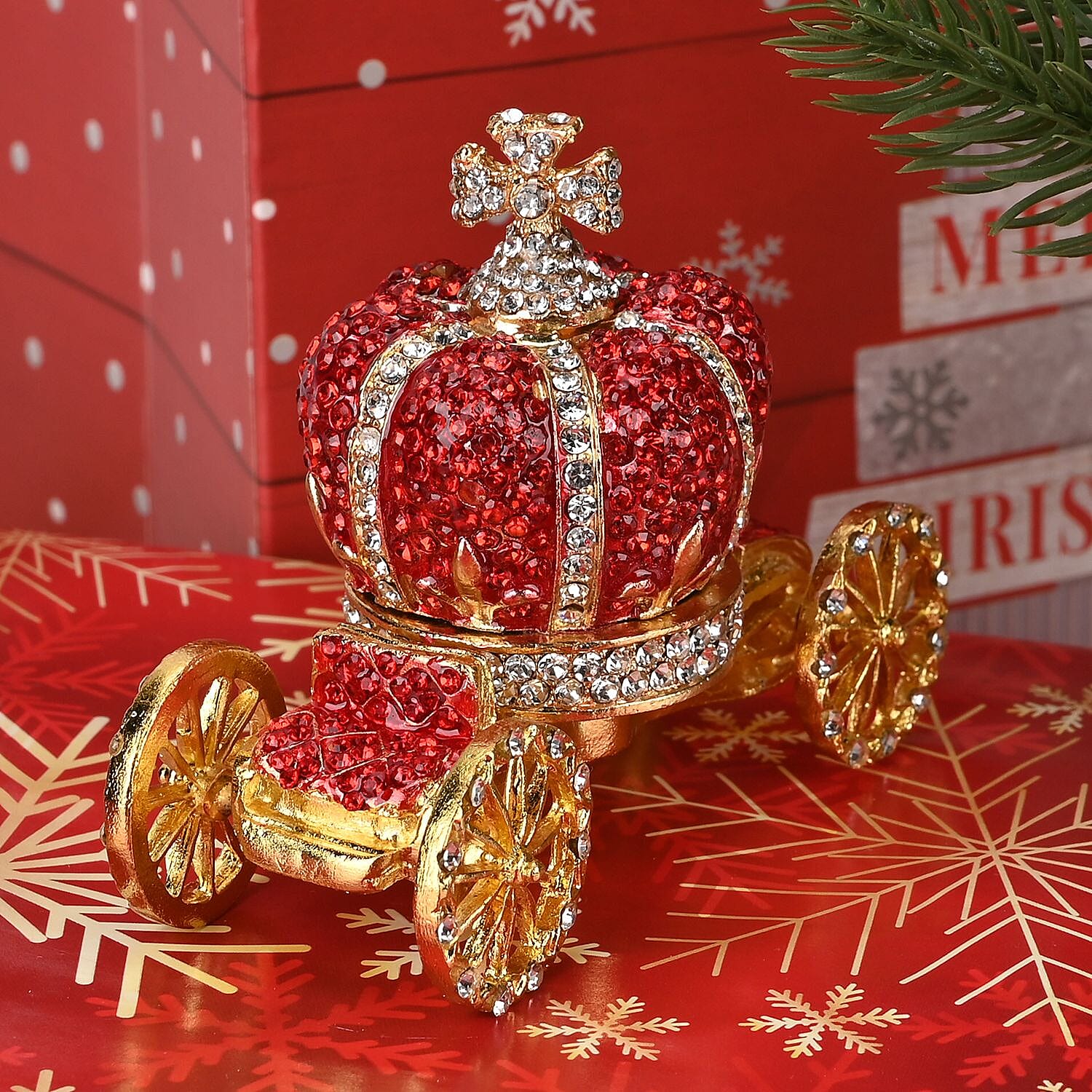 Pumpkin Cart Hand Painted Trinket Storage Box Enamelled With Sparkling Crystals - Red - Gold