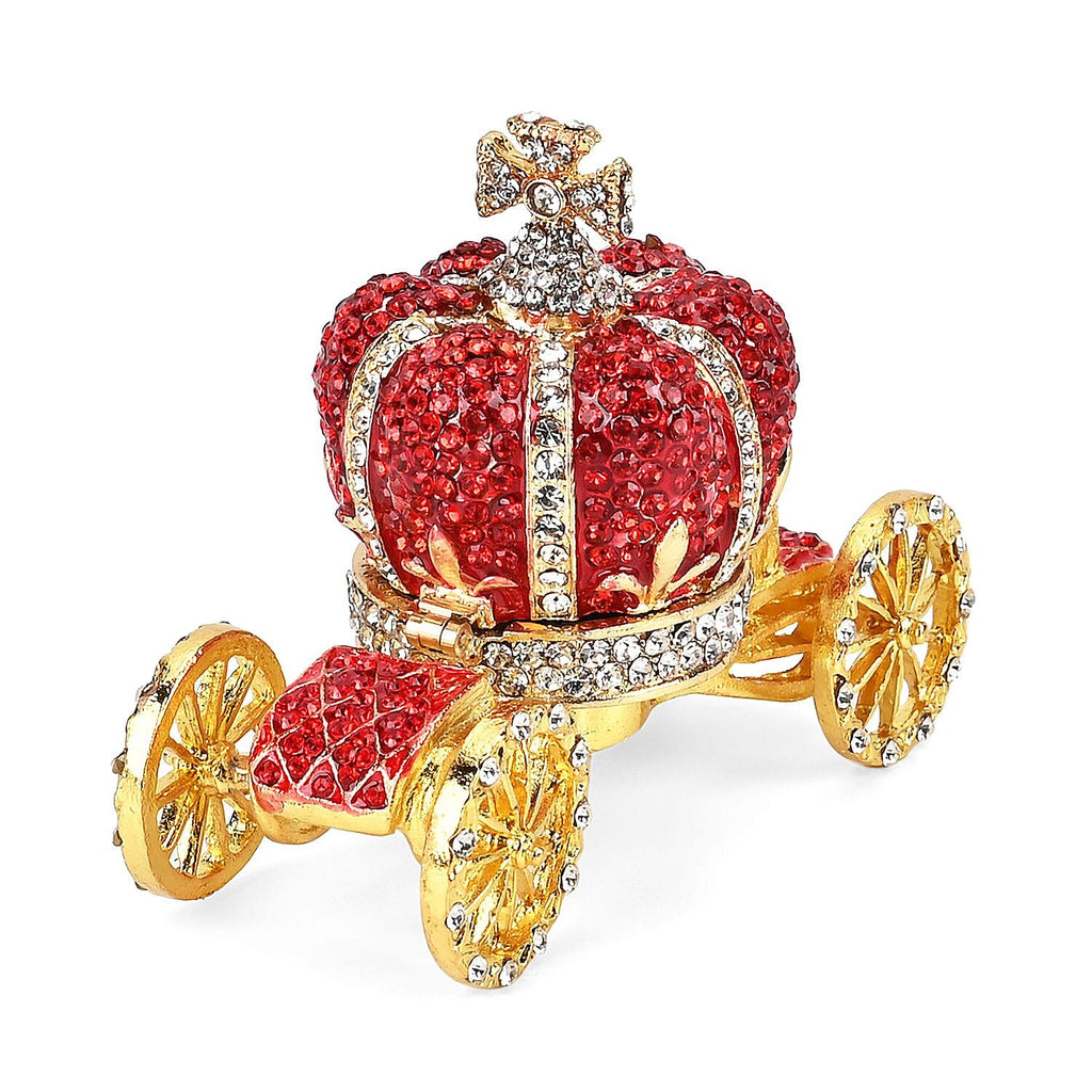 Pumpkin Cart Hand Painted Trinket Storage Box Enamelled With Sparkling Crystals - Red - Gold