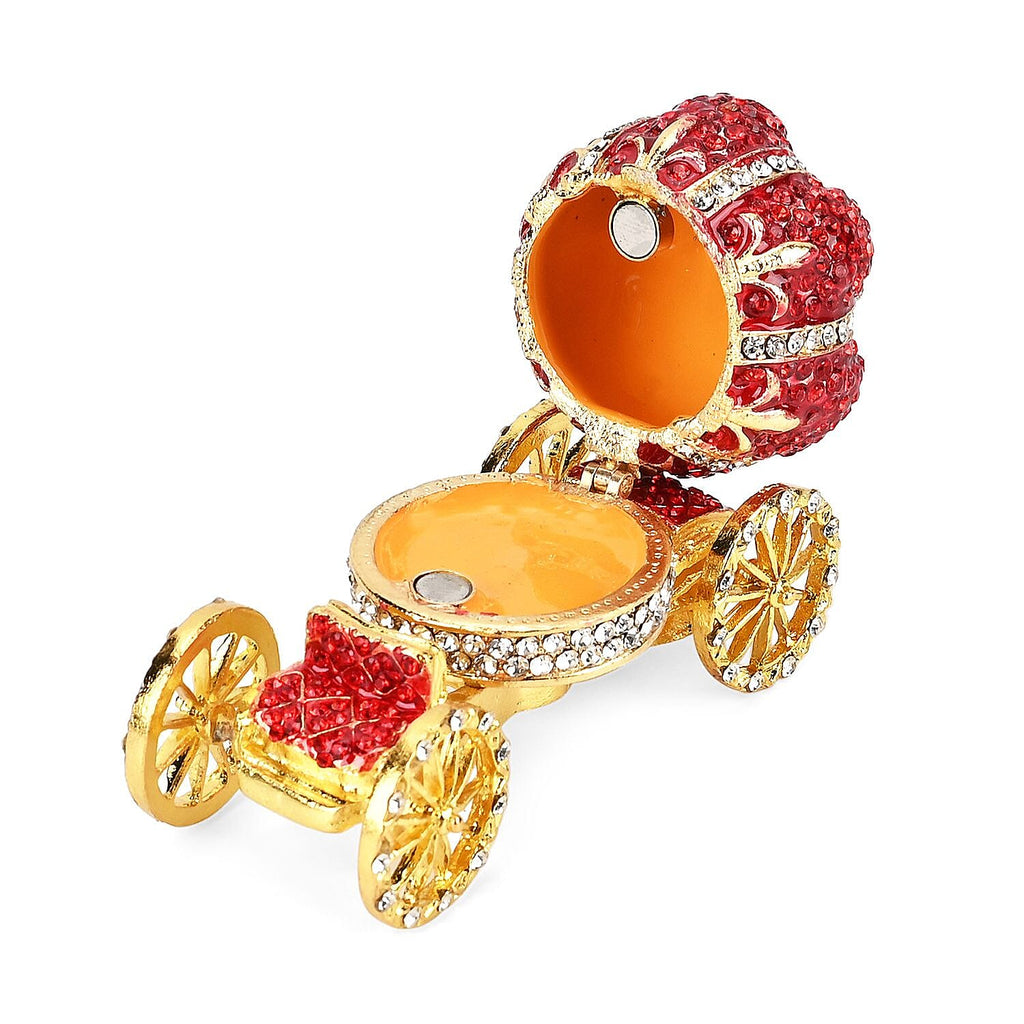 Pumpkin Cart Hand Painted Trinket Storage Box Enamelled With Sparkling Crystals - Red - Gold
