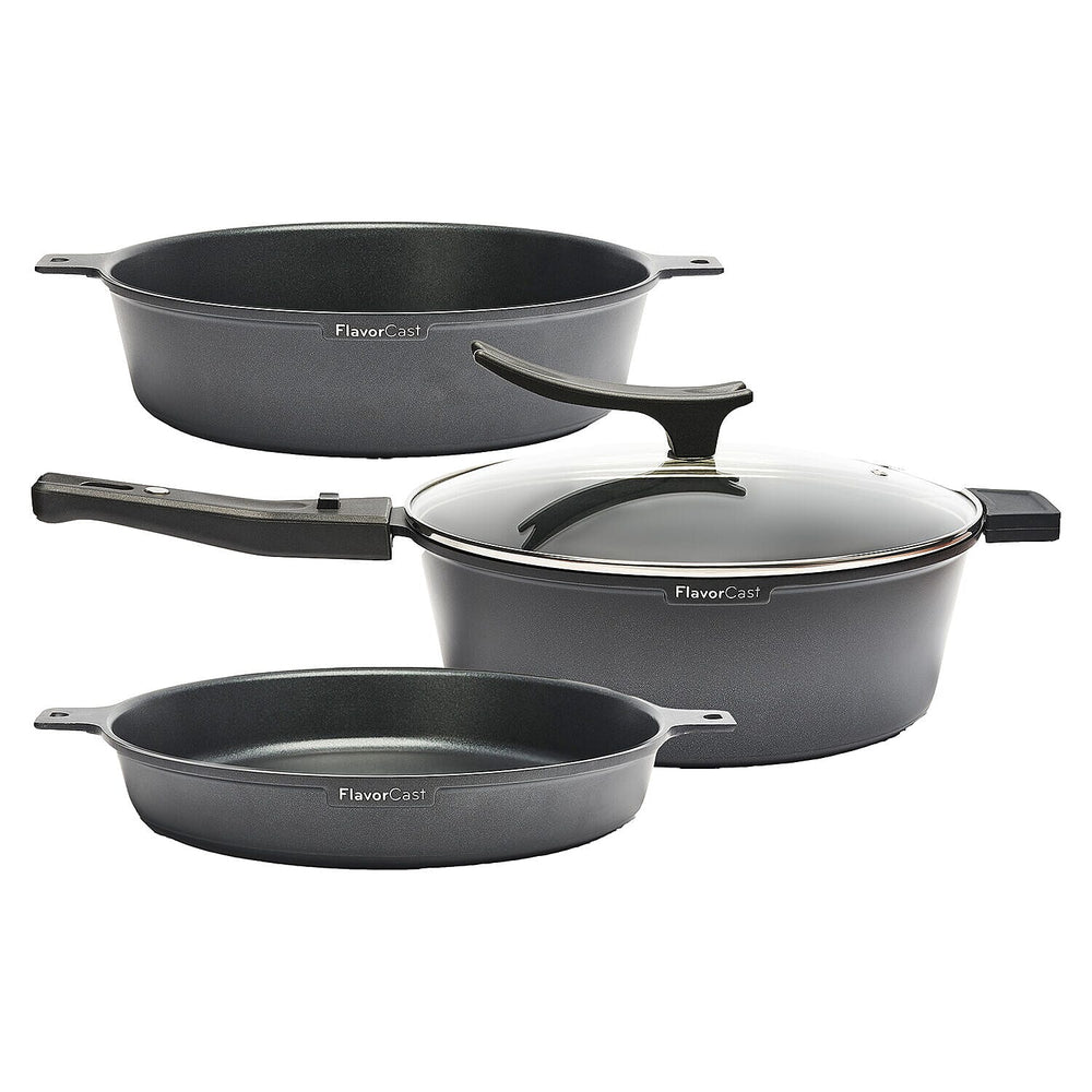 Flavorcast Grande Light Weight Aluminum Die Cast Fry Pan and Skillet Set - Less than 1lb - Works on All Hobs, Stackable - Black
