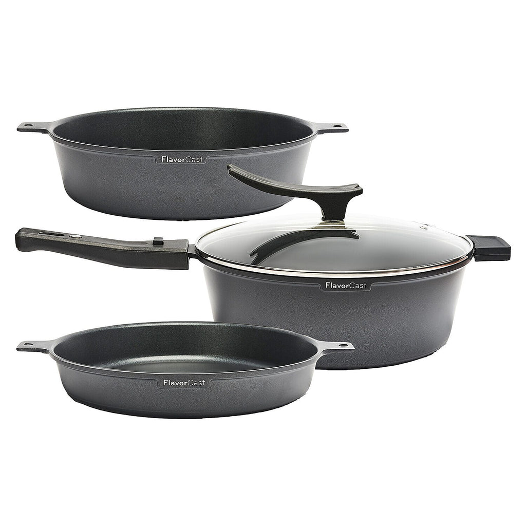 Flavorcast Grande Light Weight Aluminum Die Cast Fry Pan and Skillet Set - Less than 1lb - Works on All Hobs, Stackable - Black