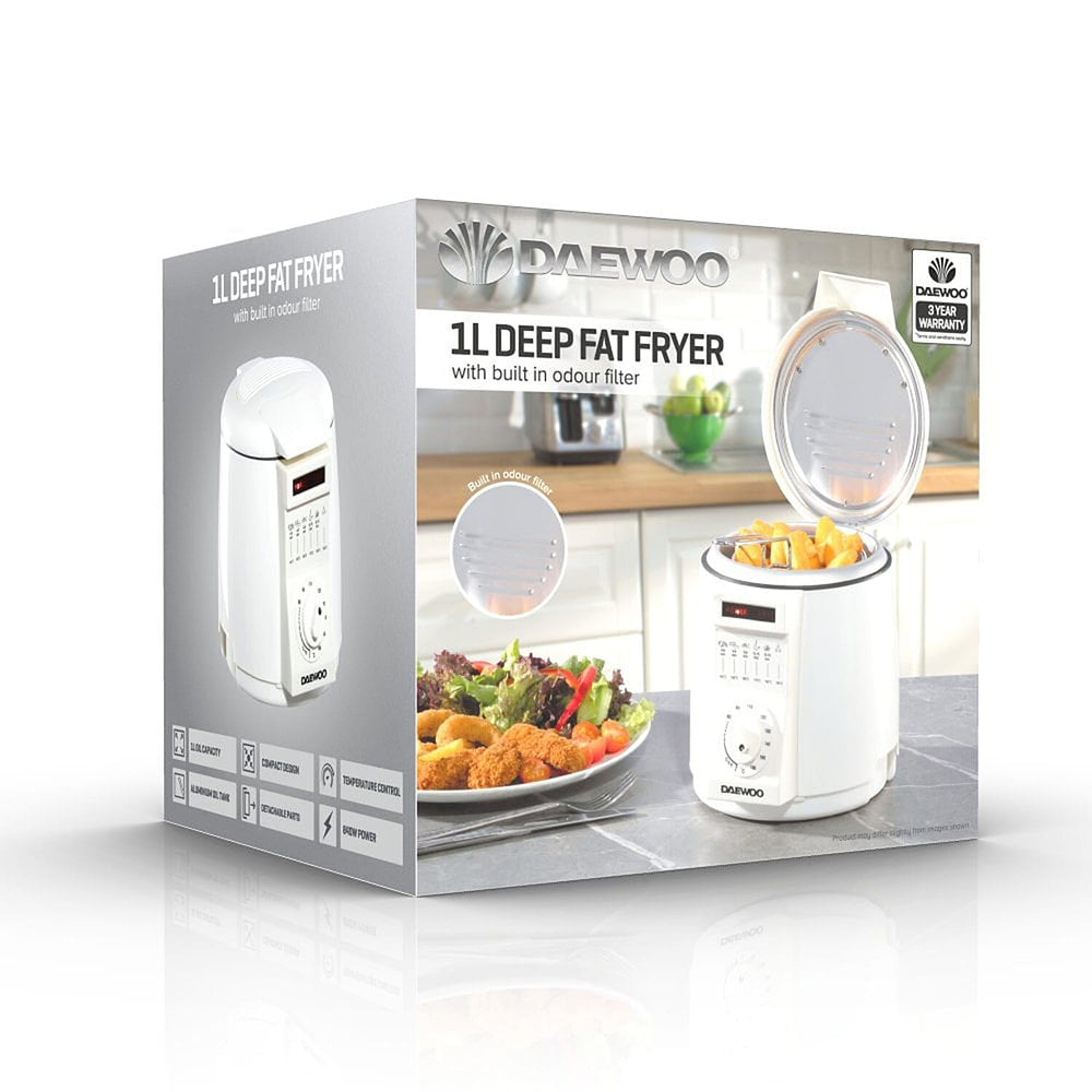 Daewoo Compact Deep Fat Fryer, your space-saving solution for flavourful creations. With a 1-litre capacity