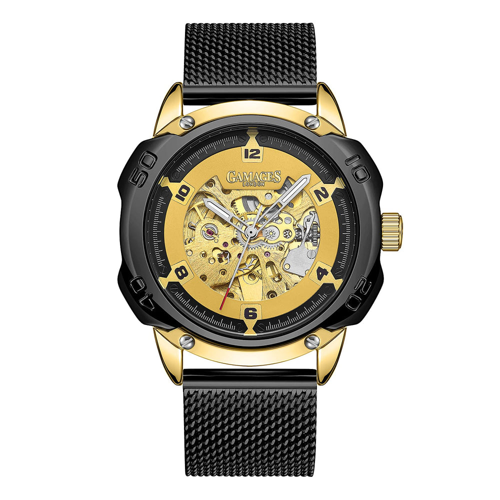 GAMAGES OF LONDON Bionic Automatic Movement Yellow Dial Water Resistant Watch with Black Colour Mesh Bracelet