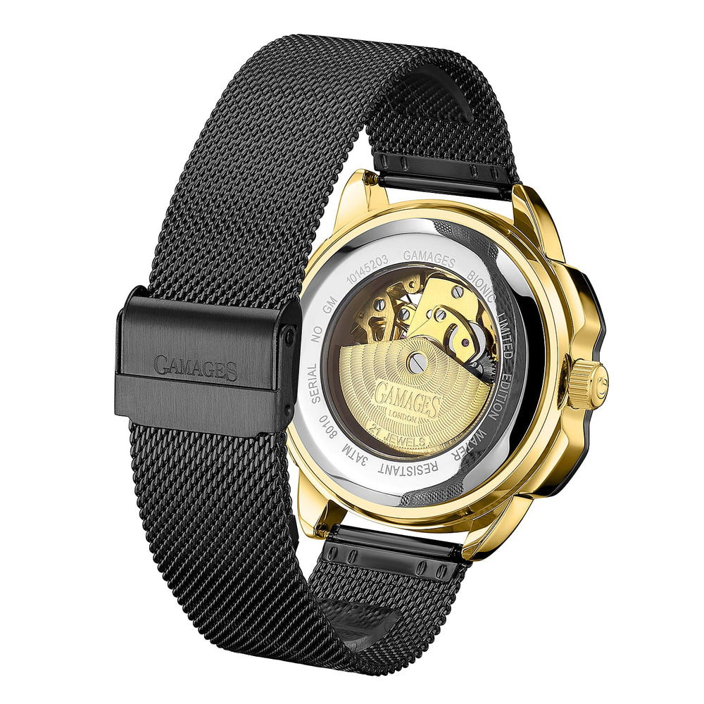 GAMAGES OF LONDON Bionic Automatic Movement Yellow Dial Water Resistant Watch with Black Colour Mesh Bracelet