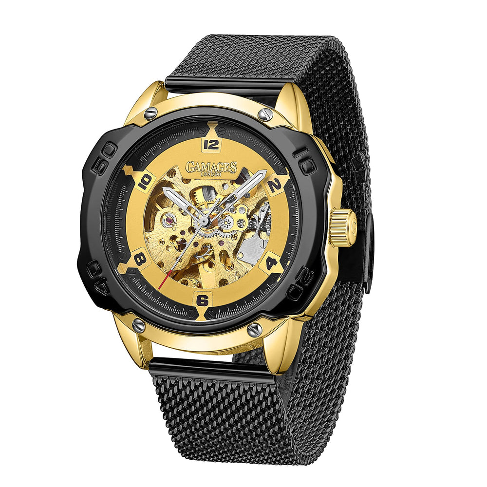 GAMAGES OF LONDON Bionic Automatic Movement Yellow Dial Water Resistant Watch with Black Colour Mesh Bracelet