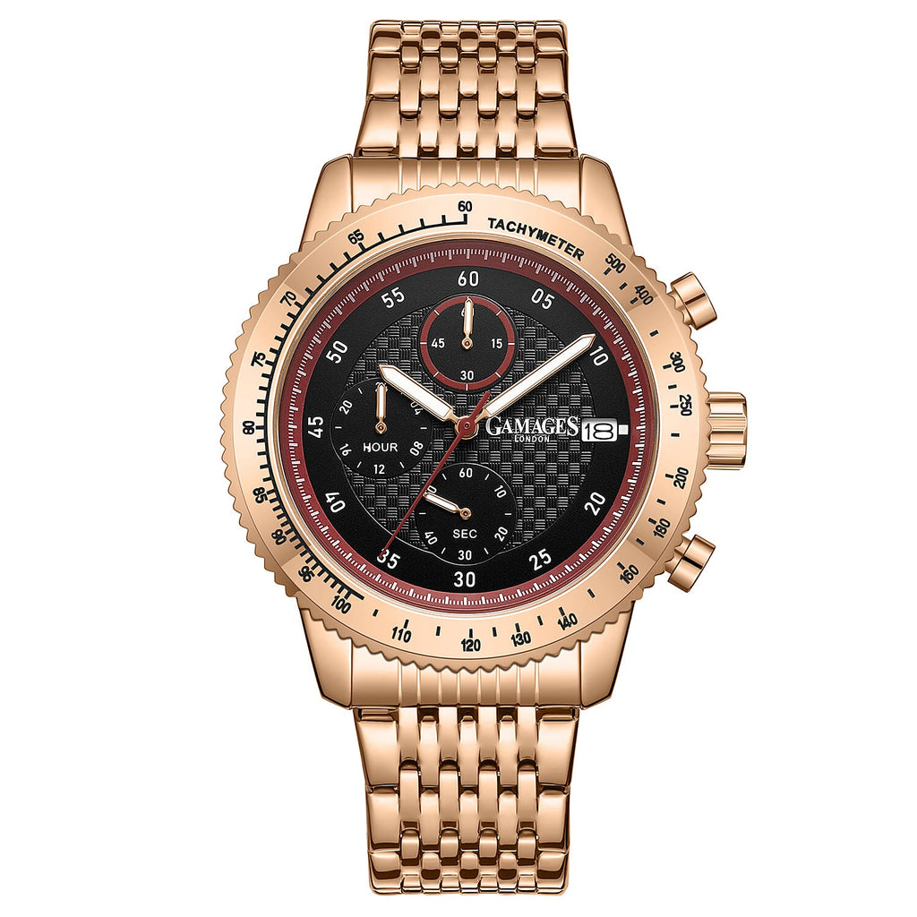 GAMAGES OF LONDON Duke Mechanical Quartz Movement 5ATM Water Resistant Black Dial Mens Watch with Rose Gold Stainless Steel Chain Strap