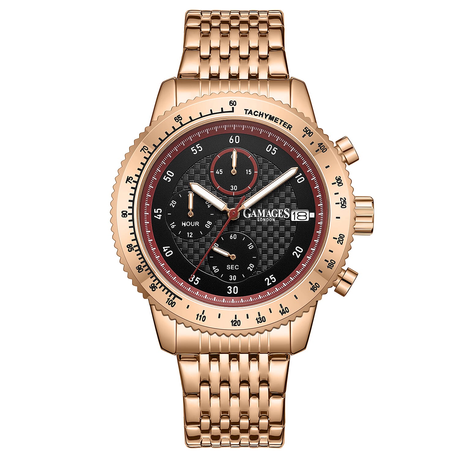GAMAGES OF LONDON Duke Mechanical Quartz Movement 5ATM Water Resistant Black Dial Mens Watch with Rose Gold Stainless Steel Chain Strap