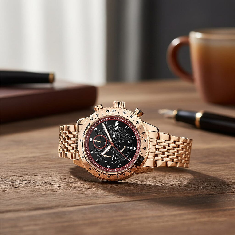 GAMAGES OF LONDON Duke Mechanical Quartz Movement 5ATM Water Resistant Black Dial Mens Watch with Rose Gold Stainless Steel Chain Strap