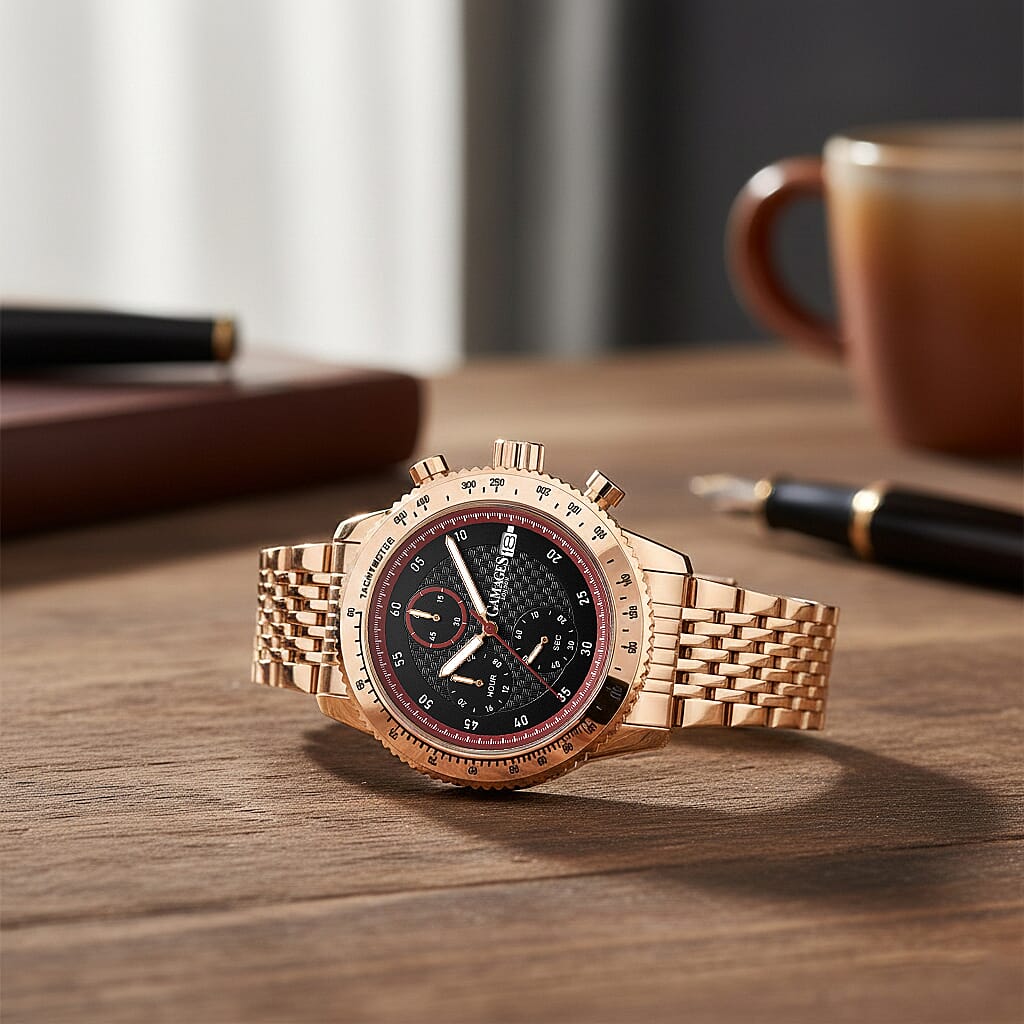 GAMAGES OF LONDON Duke Mechanical Quartz Movement 5ATM Water Resistant Black Dial Mens Watch with Rose Gold Stainless Steel Chain Strap