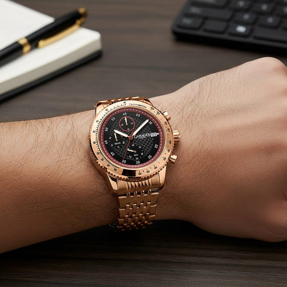 GAMAGES OF LONDON Duke Mechanical Quartz Movement 5ATM Water Resistant Black Dial Mens Watch with Rose Gold Stainless Steel Chain Strap