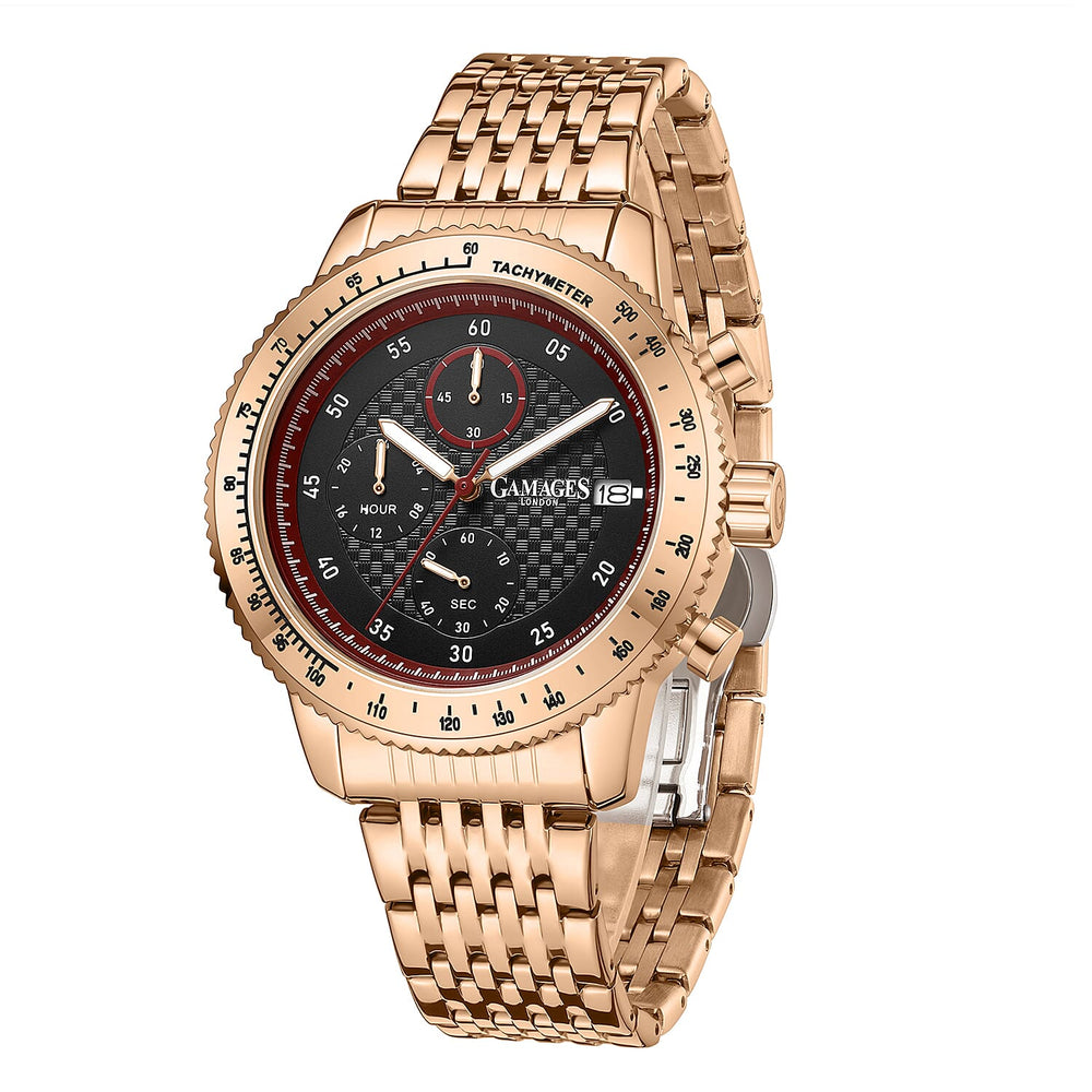 GAMAGES OF LONDON Duke Mechanical Quartz Movement 5ATM Water Resistant Black Dial Mens Watch with Rose Gold Stainless Steel Chain Strap