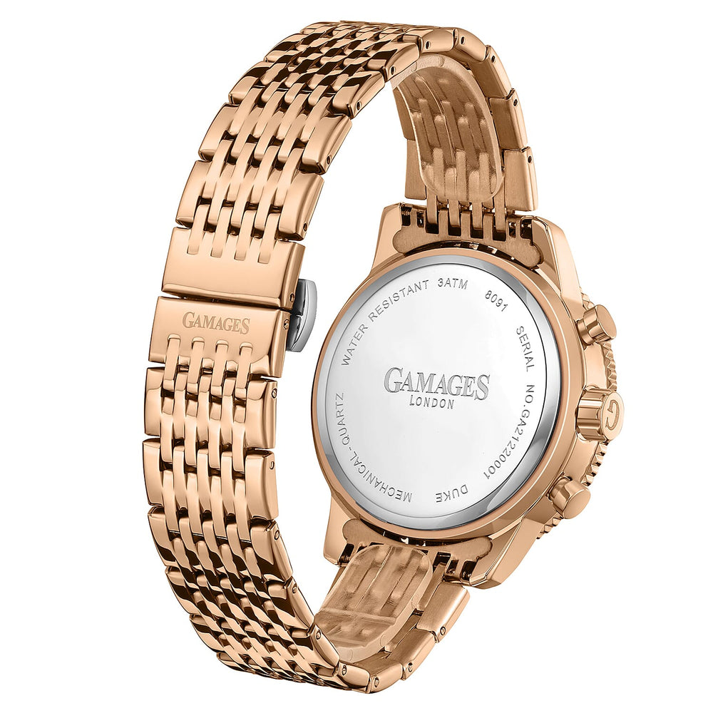 GAMAGES OF LONDON Duke Mechanical Quartz Movement 5ATM Water Resistant Black Dial Mens Watch with Rose Gold Stainless Steel Chain Strap