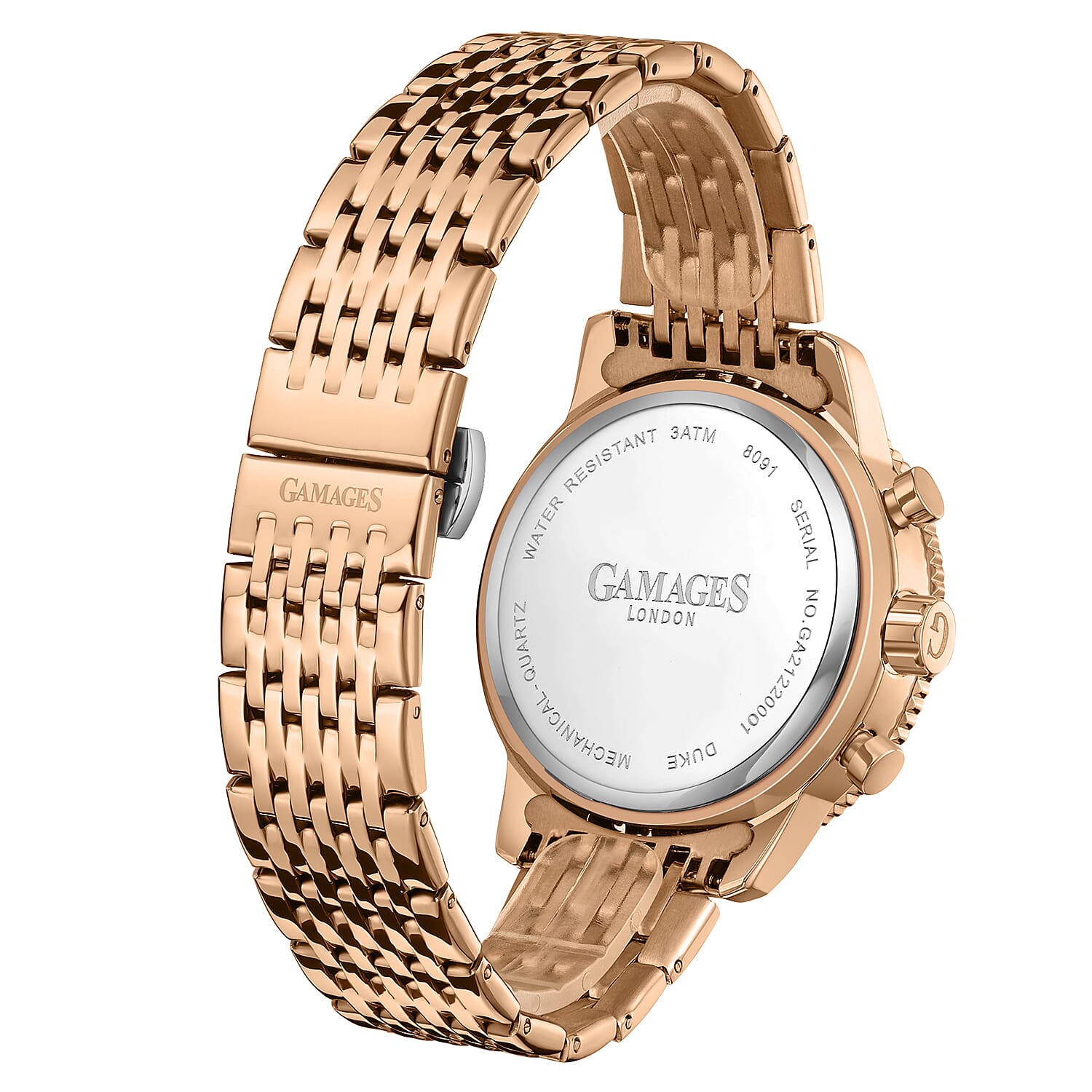 GAMAGES OF LONDON Duke Mechanical Quartz Movement 5ATM Water Resistant Black Dial Mens Watch with Rose Gold Stainless Steel Chain Strap