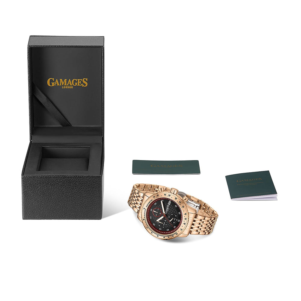 GAMAGES OF LONDON Duke Mechanical Quartz Movement 5ATM Water Resistant Black Dial Mens Watch with Rose Gold Stainless Steel Chain Strap