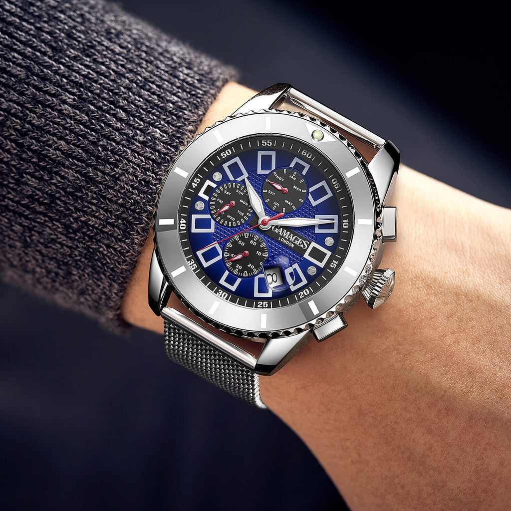 GAMAGES OF LONDON Limited Edition Hand Assembled Cogwheel Automatic Silver Blue