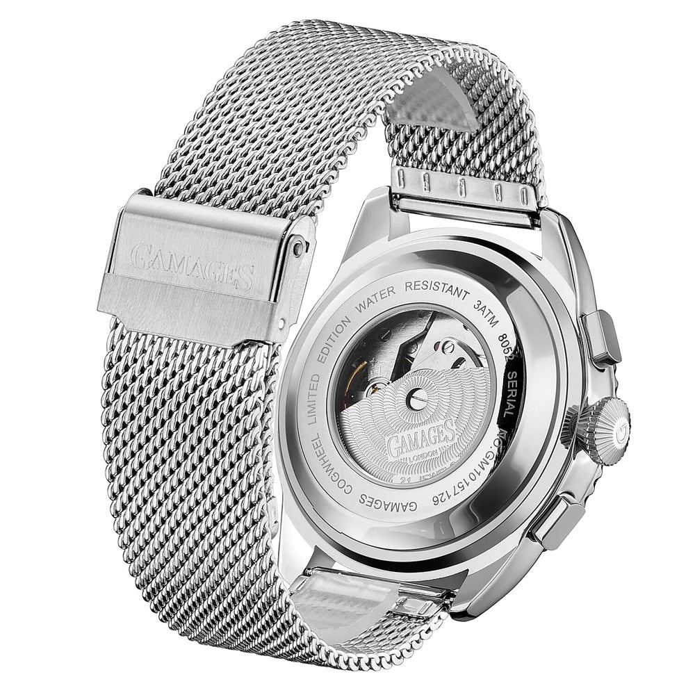 GAMAGES OF LONDON Limited Edition Hand Assembled Cogwheel Automatic Silver Blue