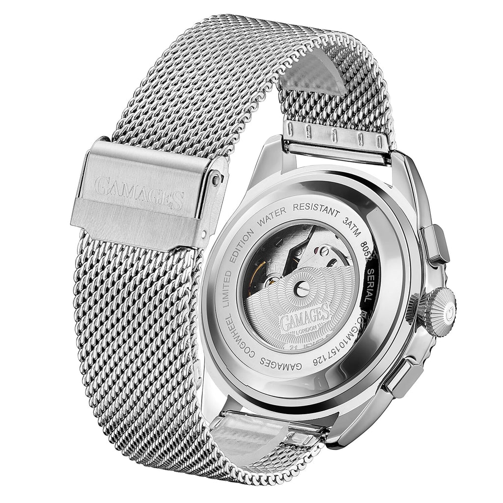 GAMAGES OF LONDON Limited Edition Hand Assembled Cogwheel Automatic Silver Blue