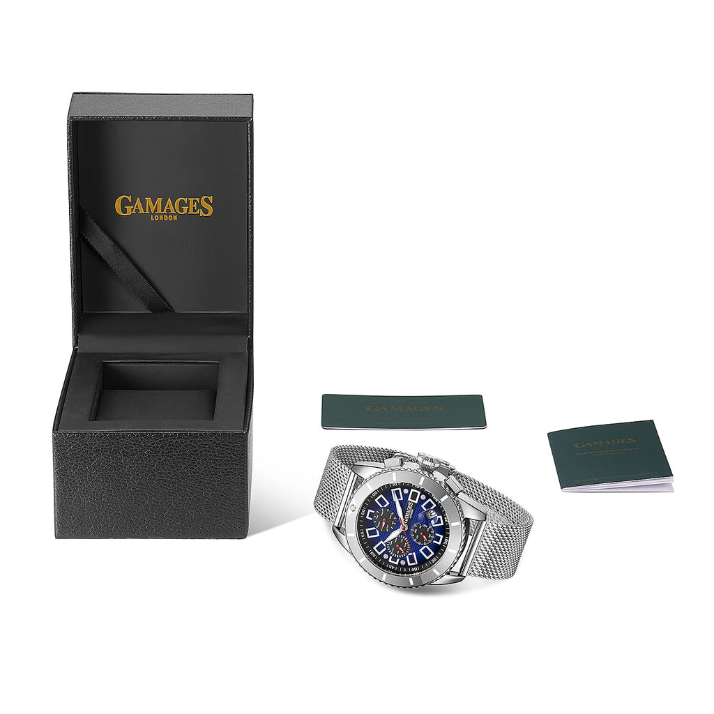 GAMAGES OF LONDON Limited Edition Hand Assembled Cogwheel Automatic Silver Blue