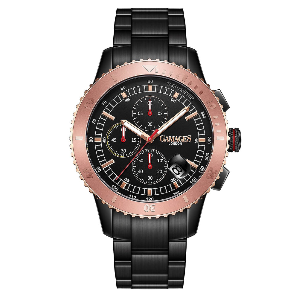 GAMAGES OF LONDON Limited Edition Hand Assembled Conquerer Rose Black Dial Water Resistant Watch in Black Colour Chain Strap