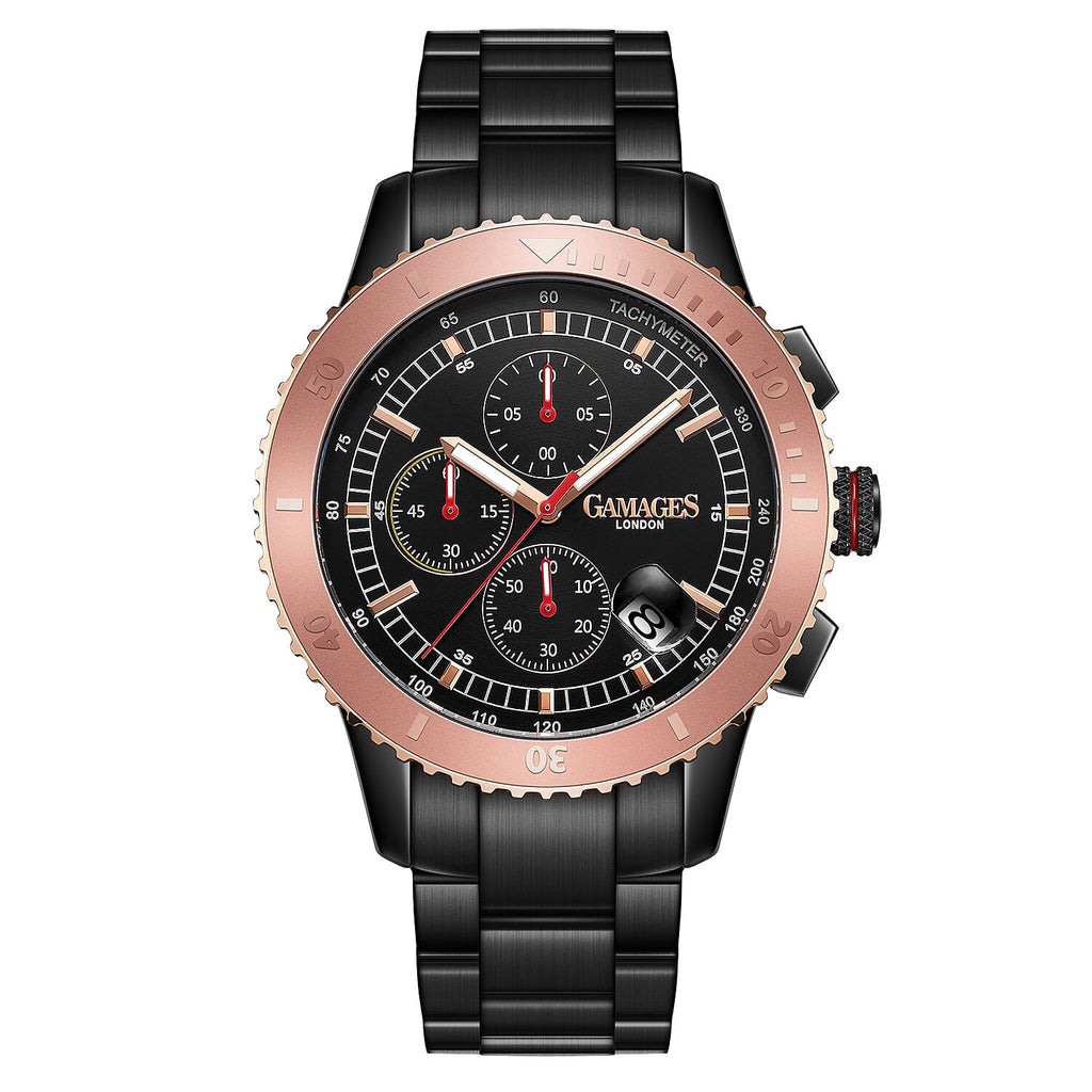 GAMAGES OF LONDON Limited Edition Hand Assembled Conquerer Rose Black Dial Water Resistant Watch in Black Colour Chain Strap