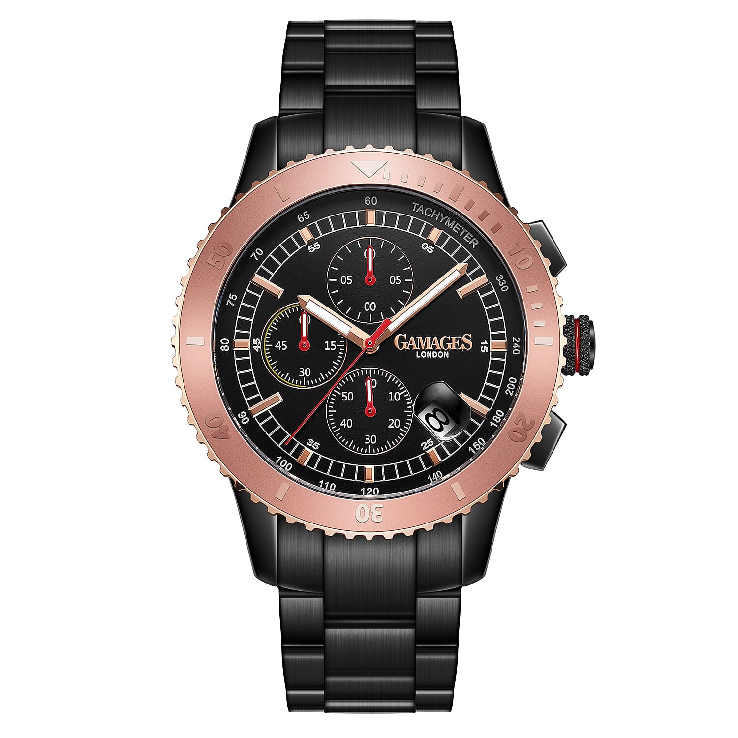 GAMAGES OF LONDON Limited Edition Hand Assembled Conquerer Rose Black Dial Water Resistant Watch in Black Colour Chain Strap
