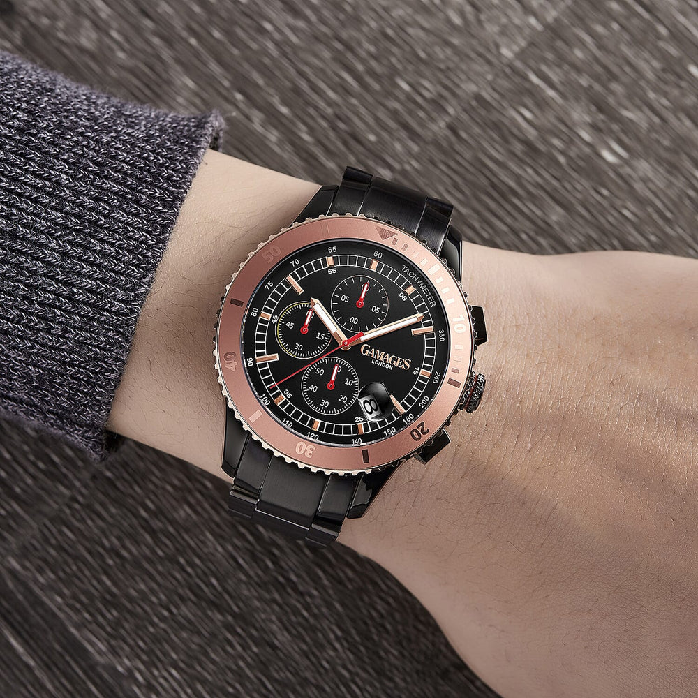 GAMAGES OF LONDON Limited Edition Hand Assembled Conquerer Rose Black Dial Water Resistant Watch in Black Colour Chain Strap