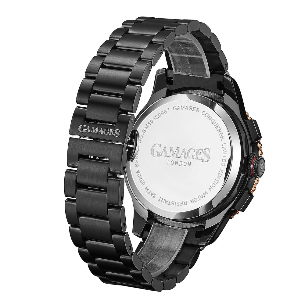 GAMAGES OF LONDON Limited Edition Hand Assembled Conquerer Rose Black Dial Water Resistant Watch in Black Colour Chain Strap