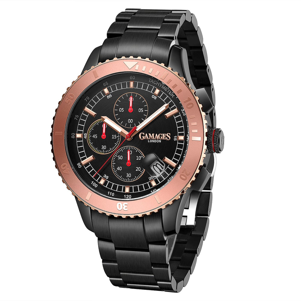 GAMAGES OF LONDON Limited Edition Hand Assembled Conquerer Rose Black Dial Water Resistant Watch in Black Colour Chain Strap