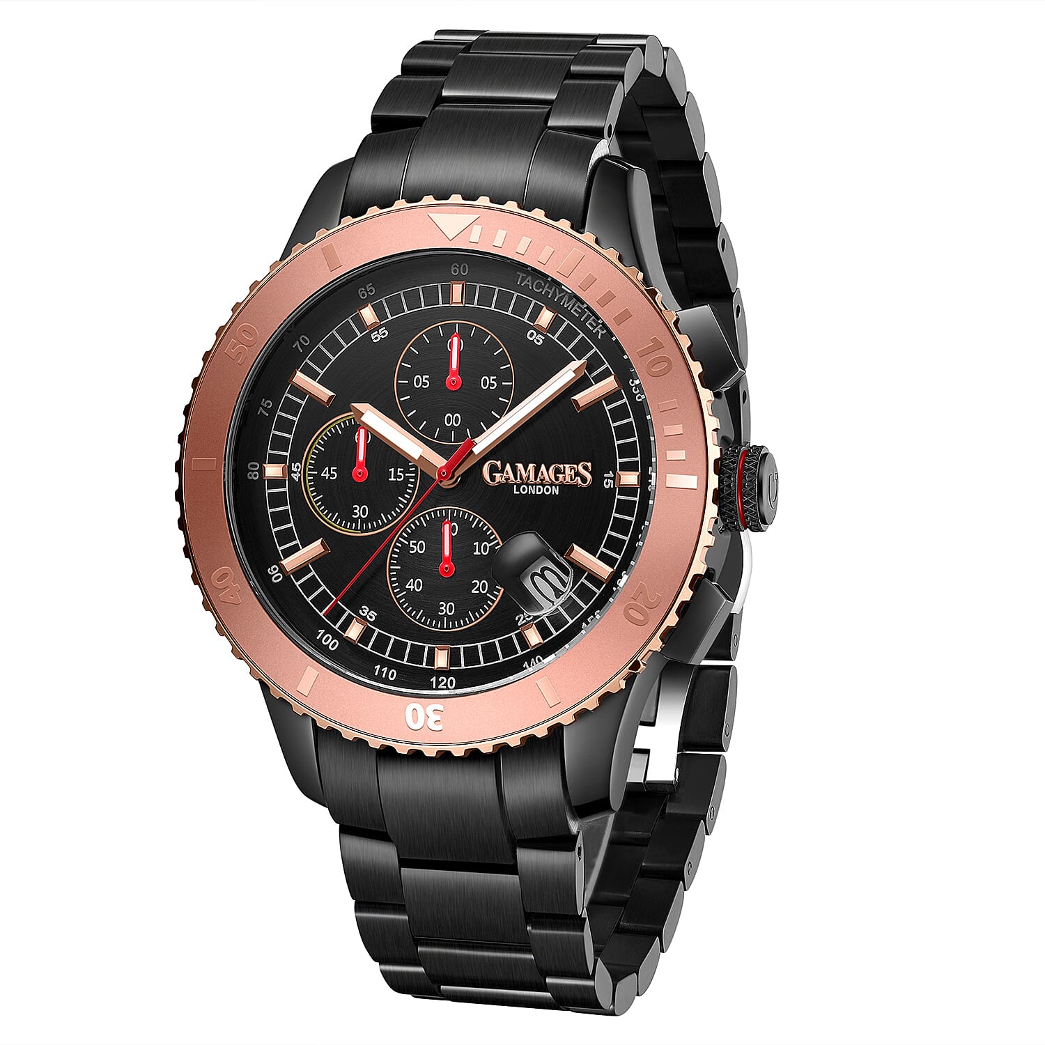 GAMAGES OF LONDON Limited Edition Hand Assembled Conquerer Rose Black Dial Water Resistant Watch in Black Colour Chain Strap